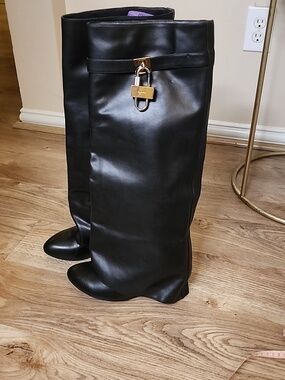 Givenchy Shark Lock Wedge Knee High Black Almond Toe Pull On Boot Size 10
